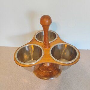 Vintage 1970s Wood and Stainless 3 Compartment Condiment Holder